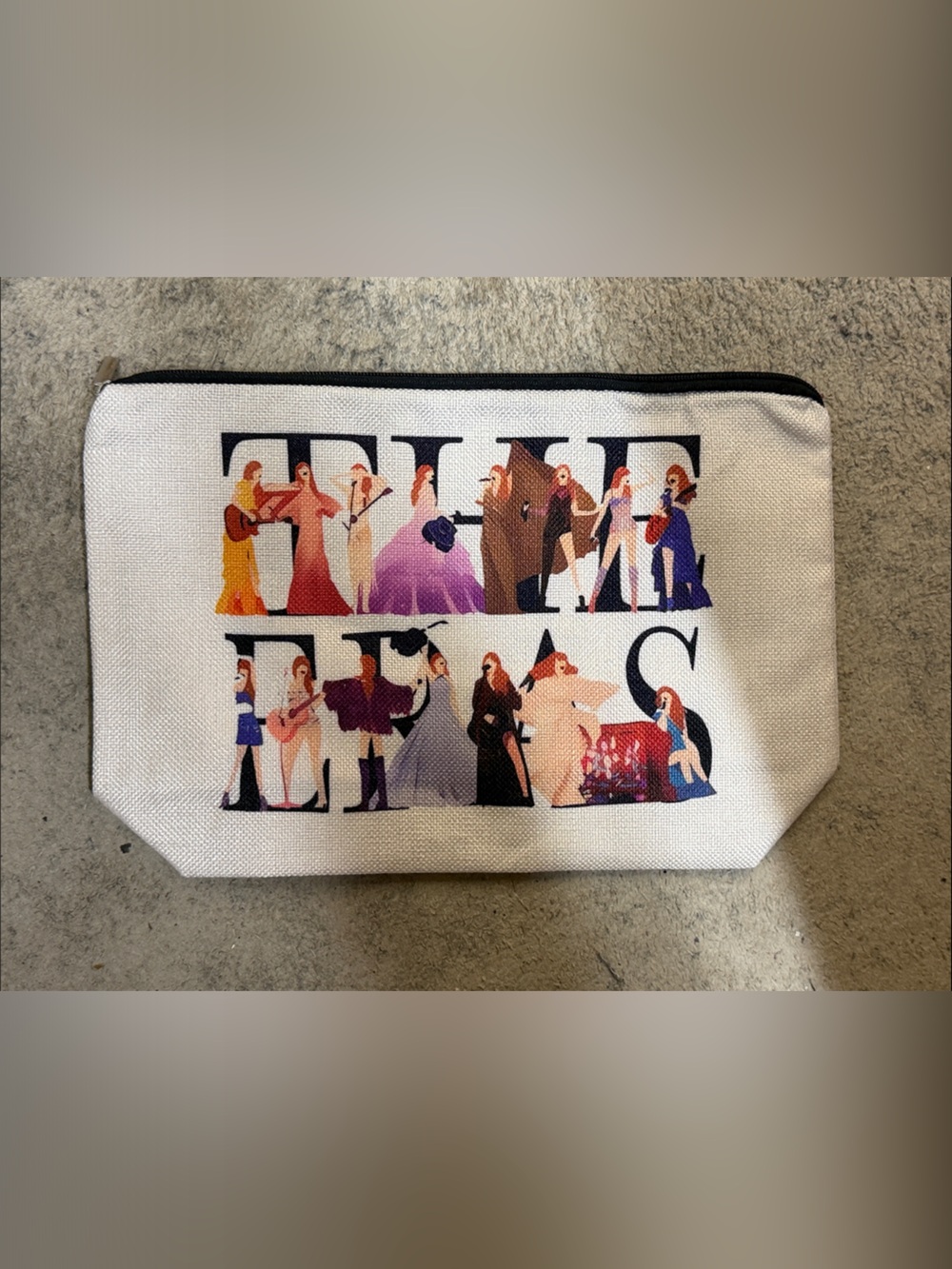 White Cosmetic Zip Pouch with Colorful Character Print